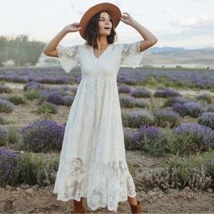 Piper & Scoot exclusive Emory dress. Lace overlay cream/ off white